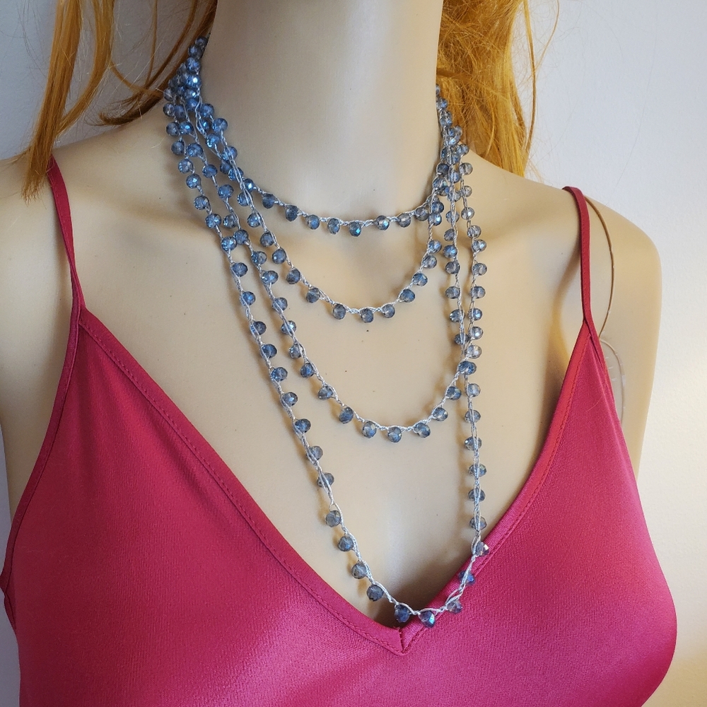 Long Grey Blue Sparkly Crystal Bead Necklace - Picture 8 of 12